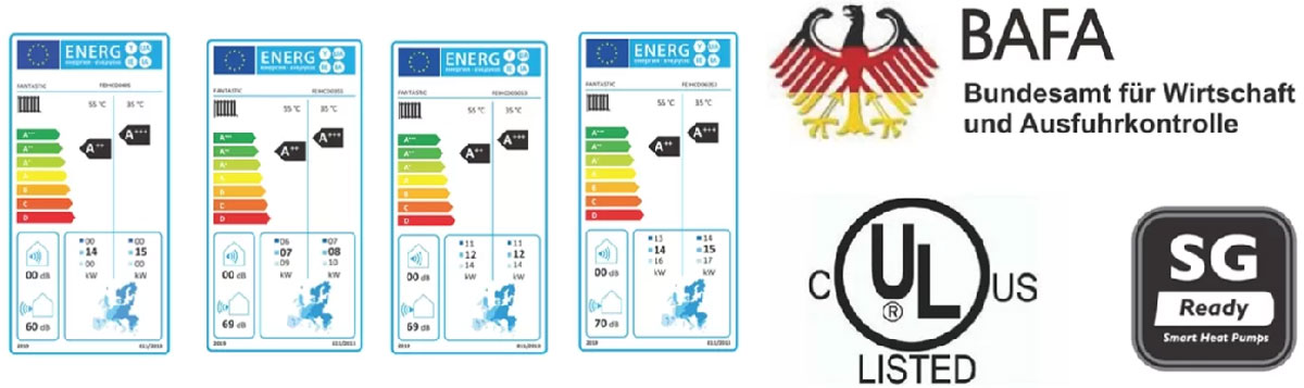 Certified High Efficiency-ERP A+++ energy level, BAFA(German), SG-ready for Europe and UL certified for Canada & US by TUV